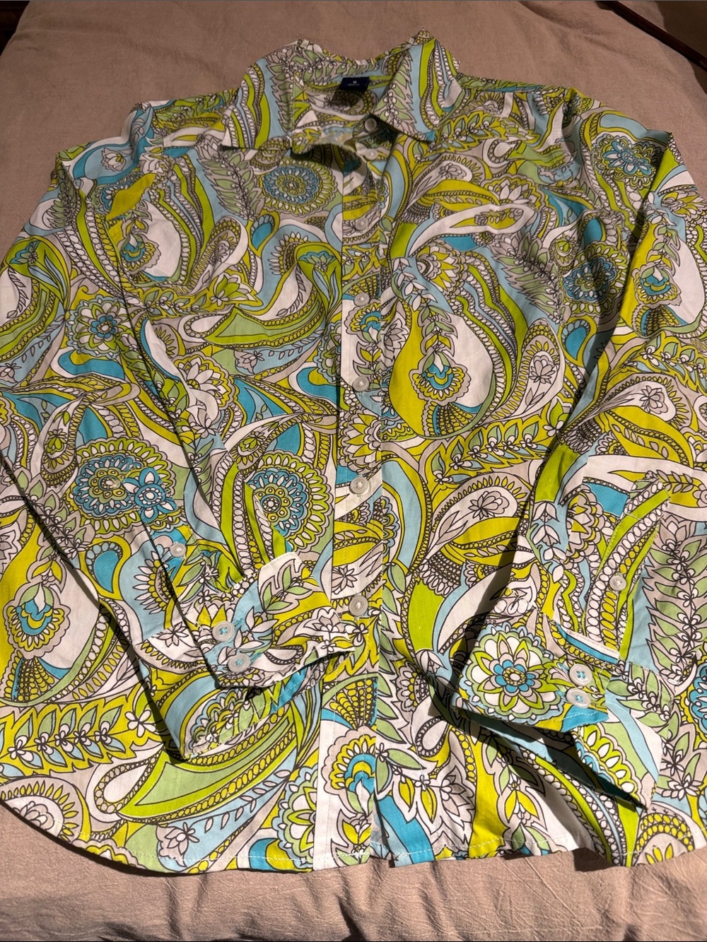 GAP Women's Paisley Button-Down Shirt in Lime, Aqua & White